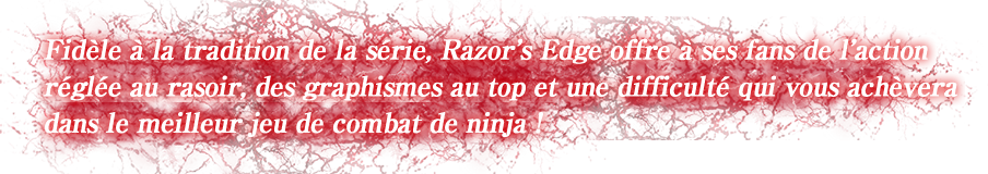 Fidèle à la tradition de la série, Razor's Edge offre à ses fans de l'action réglée au rasoir, des graphismes au top et une difficulté qui vous achèvera dans le meilleur jeu de combat de ninja !